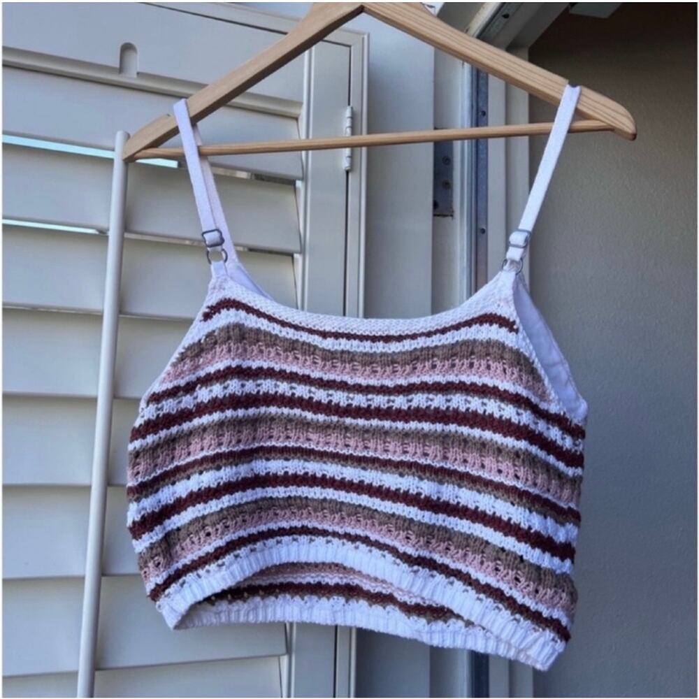 Y2K Crochet Knit Bralette Tank Neutral Stripe Boho Coastal Cowgirl Festival Top - Picture 7 of 10